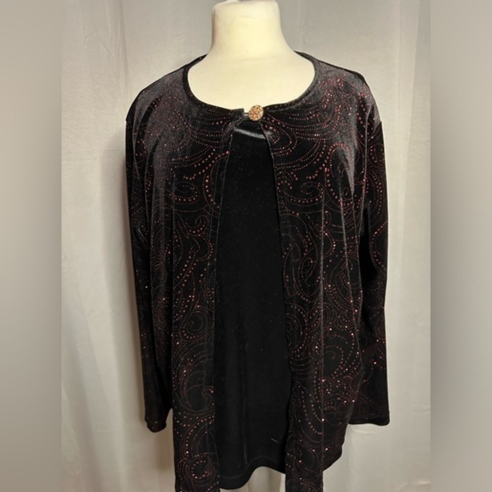 Notations Black Velvet Red Glitter Paisley Cardigan & Tank Set‎ XL Holiday